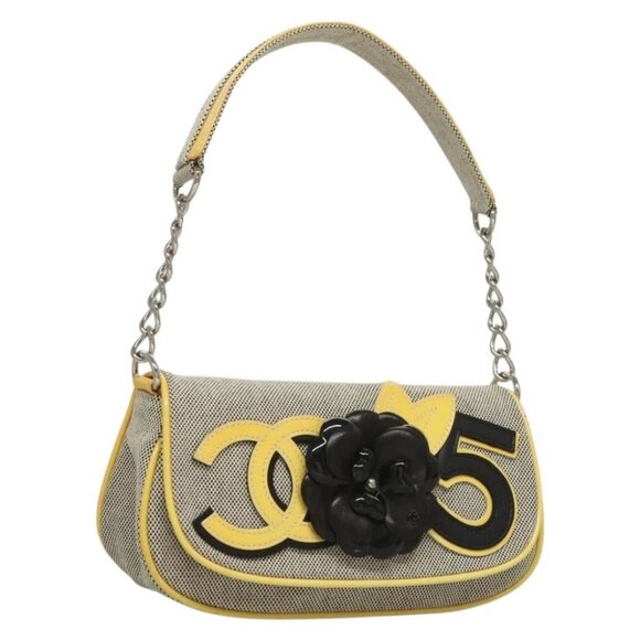 CHANEL Chain Camelia Shoulder Bag No.5 Canvas Gray Silver CC - Picture 1 of 15